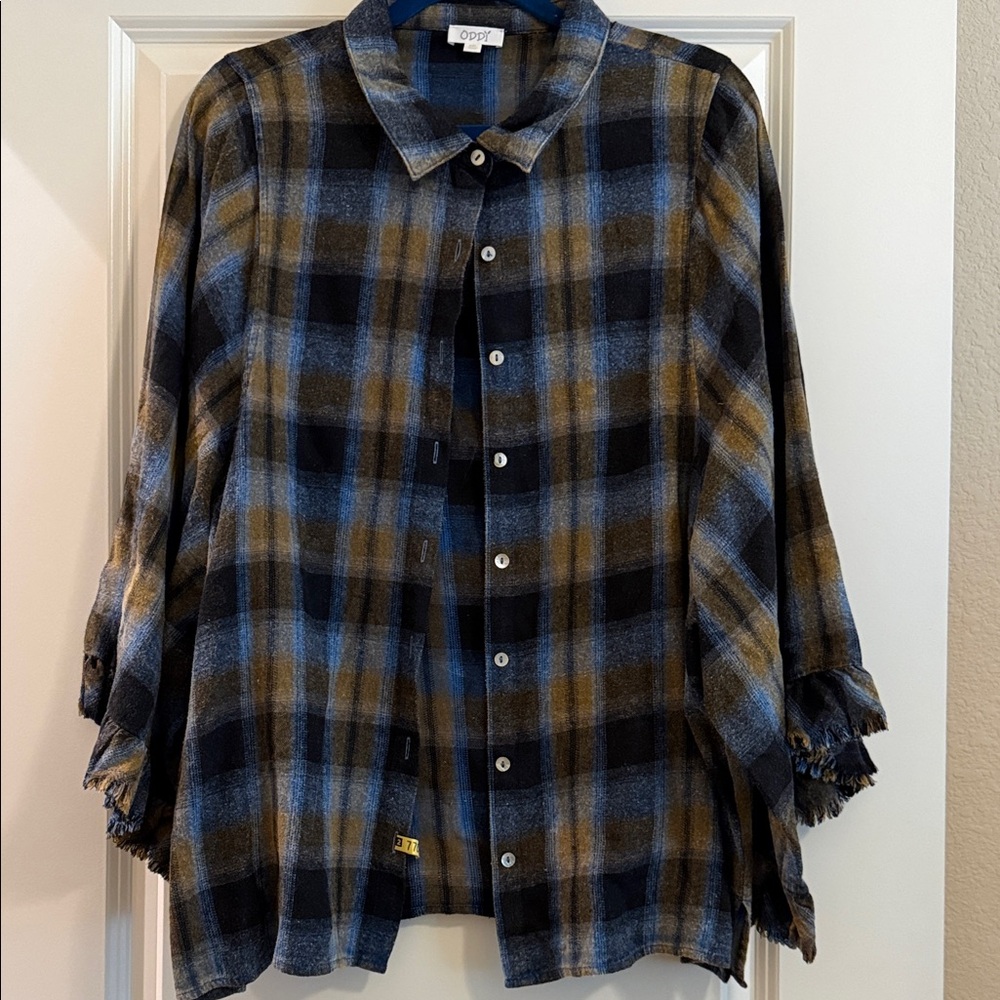 ODDY Navy and Mustard Plaid Flannel Blouse w/ Ruffled Sleeves